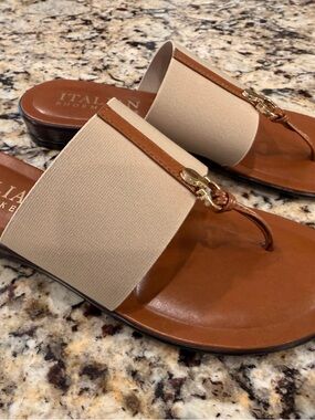 Italian Shoemakers Tan and Beige Elastic-Band Thong Sandals